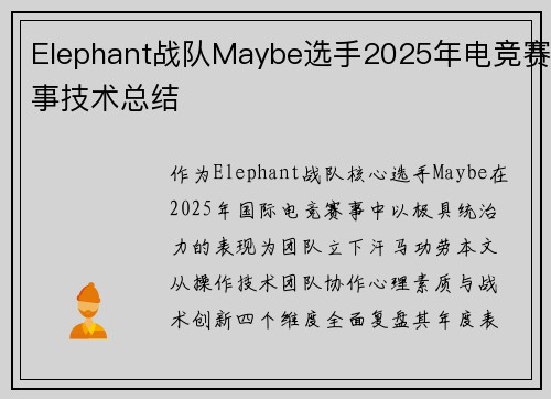 Elephant战队Maybe选手2025年电竞赛事技术总结
