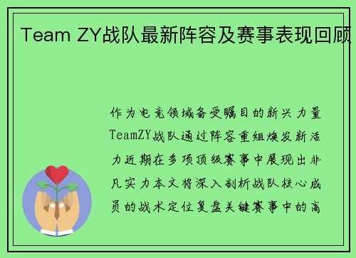 Team ZY战队最新阵容及赛事表现回顾